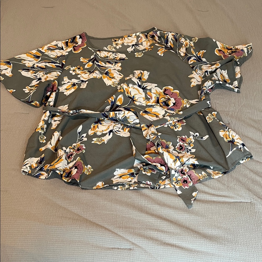 SHEIN Olive Floral Tie-Front Blouse